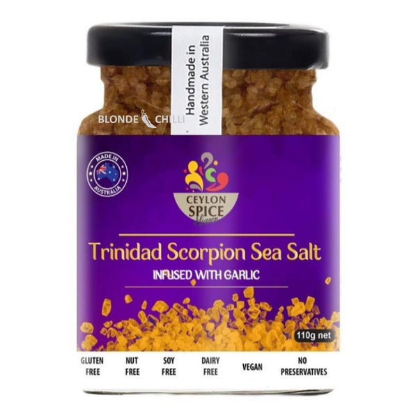Ceylon Spice Heaven's Trinidad Scorpion Sea Salt infused with Garlic. 100g jar. Glutren Free. Nut Free. Soy Free. Dairy Free. Vegan. No Preservatives. Made in Australia.