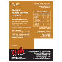 The Spice Factory Baharat Middle Eastern Dry Rub. Buy it at Blonde Chilli, Australia. Recipe and Nutritional Panel. Buy wholesale and retail from Blonde Chilli Australia.