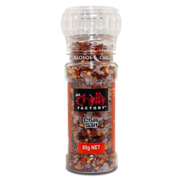 The Chilli Factory's CHILLI SALT in a see through grinder. 80g NET.