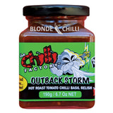 The Chilli Factory Outback Storm Hot Roast Tomato Chilli Basil Relish. Australian Hot Sauce sold by Blonde Chilli Australia.