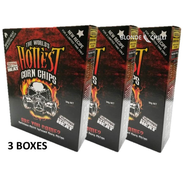3 pack of The World's Hottest Corn Chips from Chilli Seed Bank. Available to buy in Australia at Blonde Chilli.