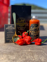 Culley's Brutality Hot Sauce Gift Set with Brutality Hot Sauce 150ml, Gold Skull Spoon, and Deluxe Gift Box. Now available in Australia. Strictly Limited quantities. Only 1000 ever produced. Do not miss out. Get yours exclusively in Australia at Blonde Chilli.