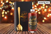 Culley's Brutality Hot Sauce Gift Set with Brutality Hot Sauce 150ml, Gold Skull Spoon, and Deluxe Gift Box. Now available in Australia. Strictly Limited quantities. Only 1000 ever produced. Do not miss out. Get yours exclusively in Australia at Blonde Chilli.
