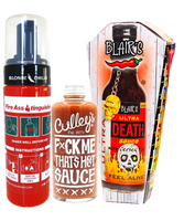 Blonde Chilli's Fire In The Hole gift pack comprises 1 x Fire Asstinguisher; 1 x Culley's F*ck Me That's Hot Sauce; 1 x Blair's Ultra Death Sauce.