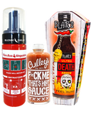 Blonde Chilli's Fire In The Hole gift pack comprises 1 x Fire Asstinguisher; 1 x Culley's F*ck Me That's Hot Sauce; 1 x Blair's Ultra Death Sauce.