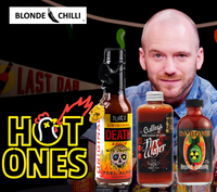 Blonde Chilli's Hot Ones 3 pack consisting of Blair's Original Death Sauce, Culley's Firewater, and Da'Bomb Beyond Insanity.