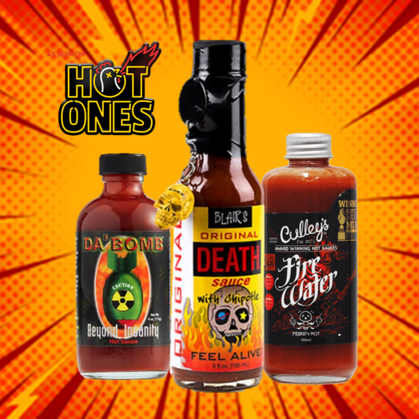 Hot Ones 3 Pack #3 - Da Bomb Beyond Insanity + Blair's Original Death Sauce + Culley's Firewater. Available exclusively in Australia at BLONDE CHILLI.