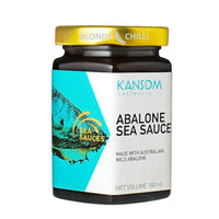Kansom Australia Abalone Sea Sauce made with Australian Wild Abalone. 180ml glass jar. Side View.