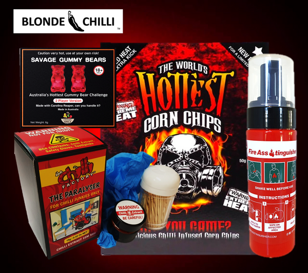 Blonde Chilli World's Hottest Pack - Corn Chips, Gummy Bears, The Paralyser, and Fire Asstinguisher