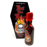 The World's Hottest Chilli Sauce - Meet Your Maker - Available to buy in Australia at Blonde Chilli. Comes in a hand made wooden coffin. Closed coffin view.